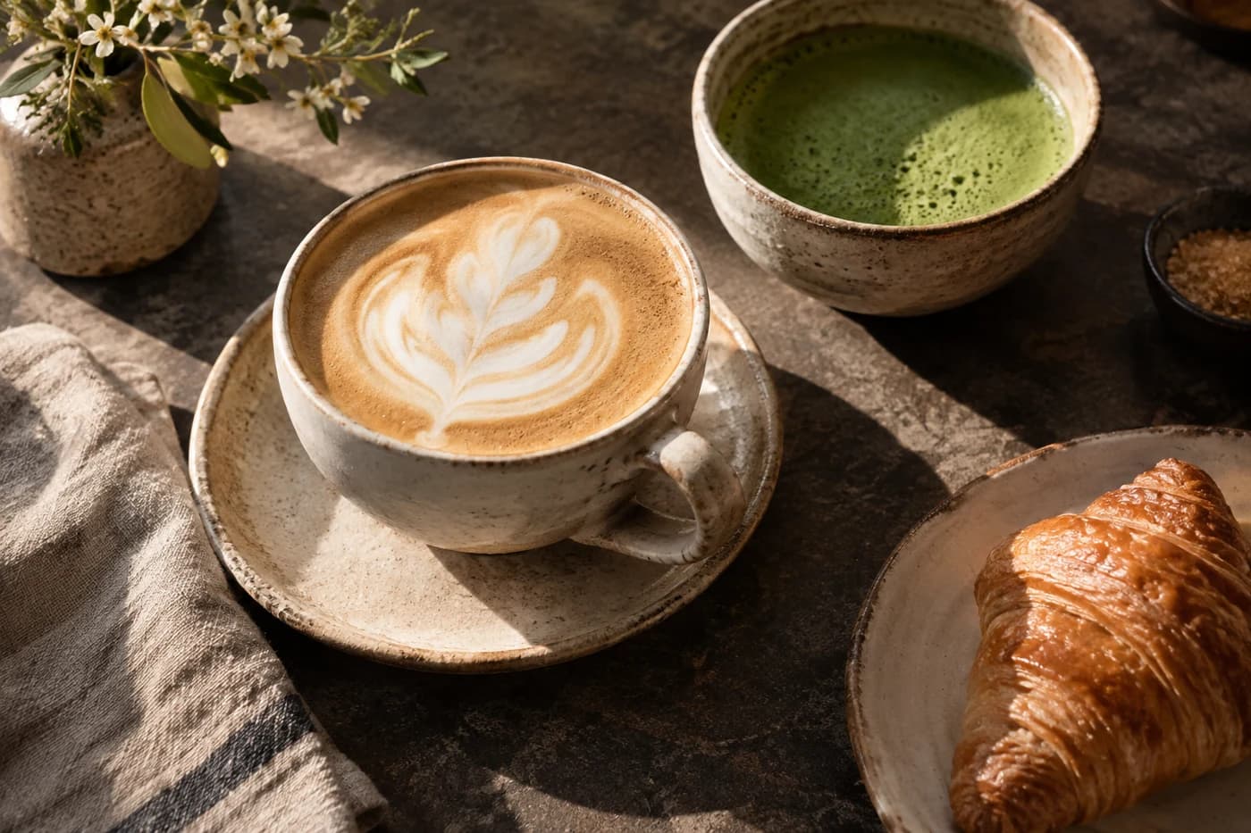 Detalle editorial de café con leche y matcha